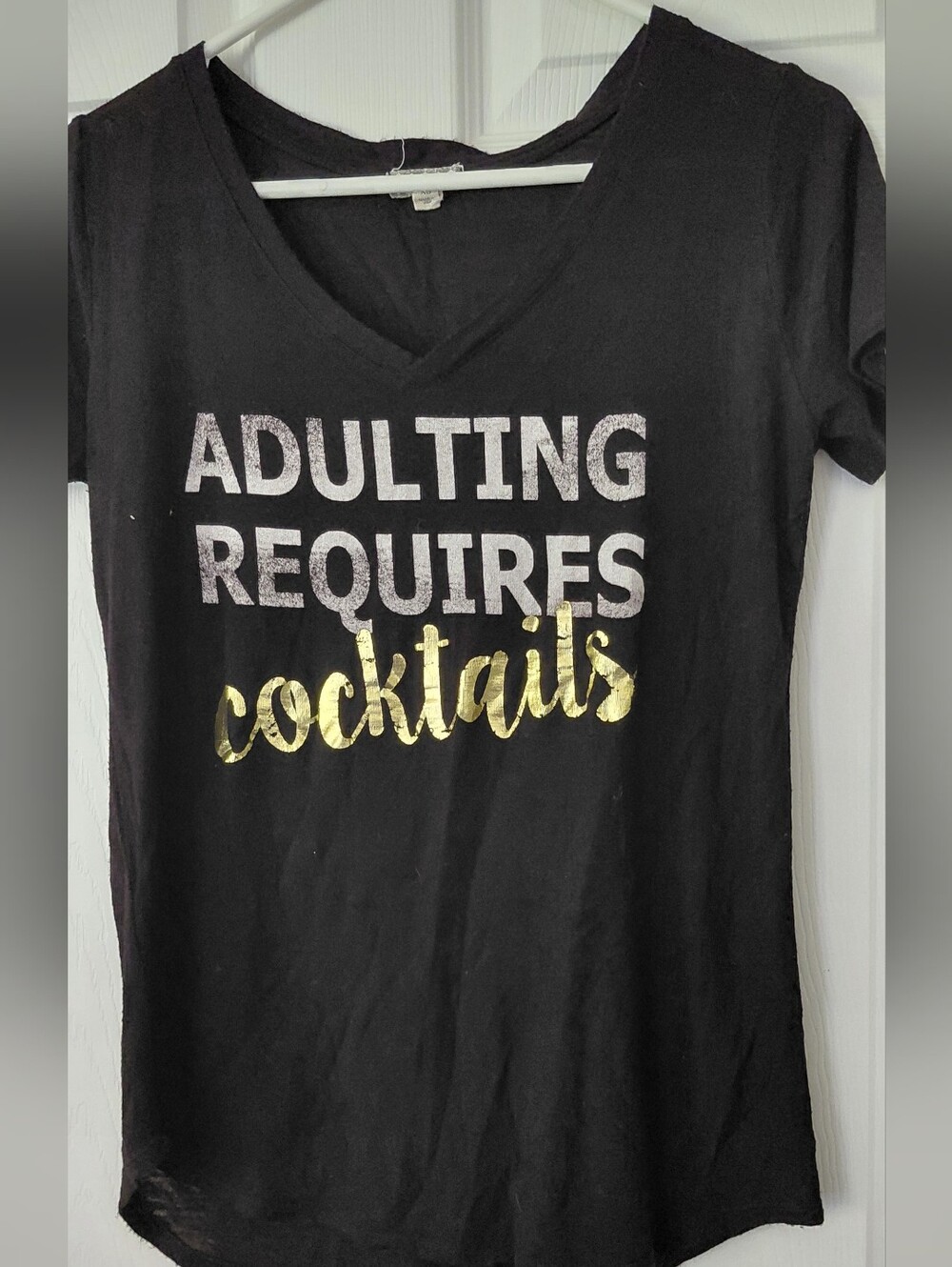 Eyeshadow Black V-Neck Tee with Metallic Silver and Gold Text